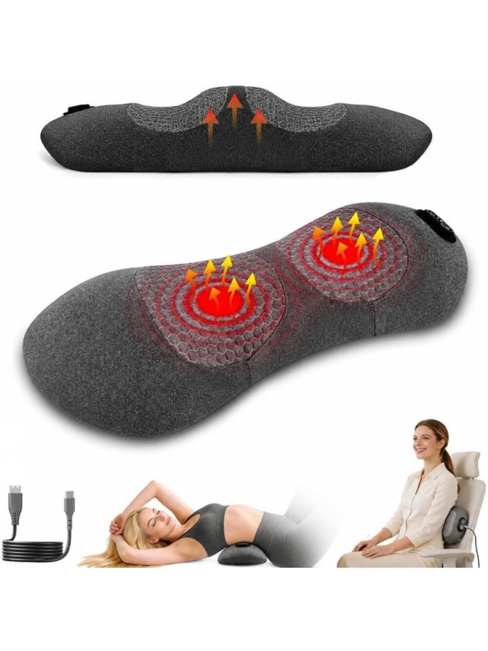 3-in-1 Electric Lumbar Support Pillow & Back Massager with Heat for Pain Relief